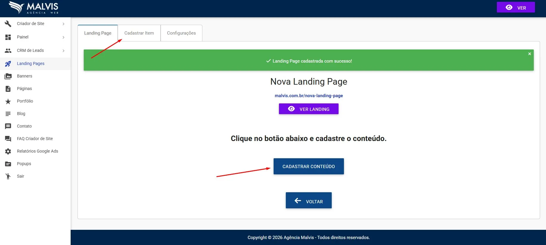 Tela inicial da nova Landing Page com botão para cadastrar conteúdo