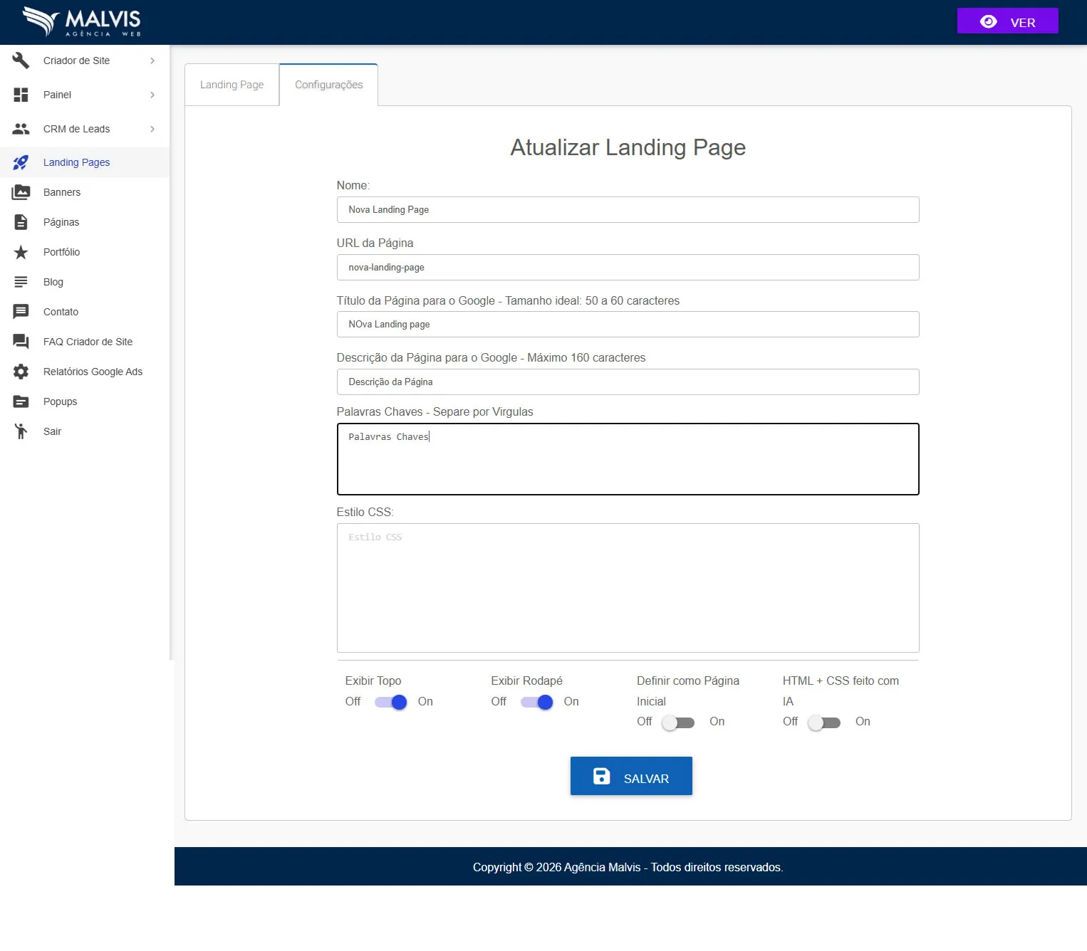 Aba Configurações da Landing Page com campos de SEO e opções de topo/rodapé