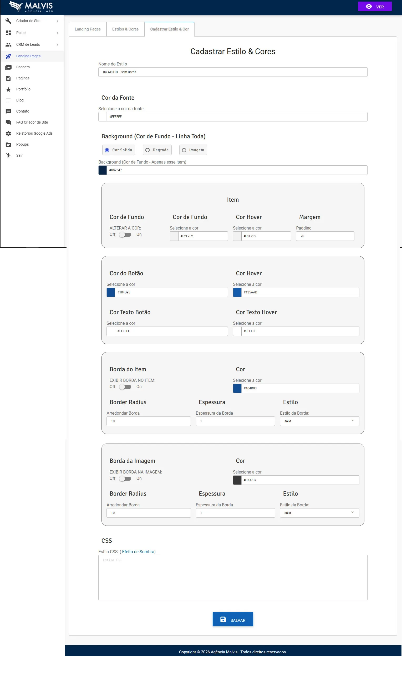 Tela de cadastro de Estilo e Cores com campos de personalização