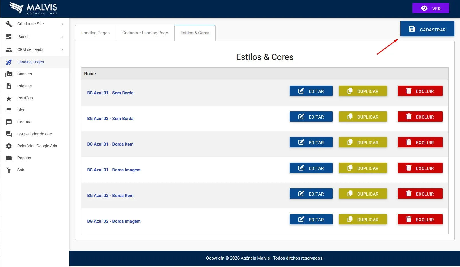 Tela Estilos e Cores com lista de estilos e botões de ação