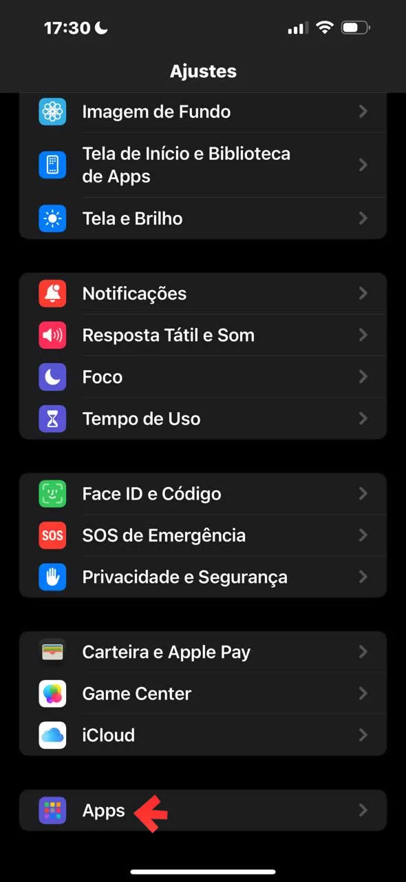Ajustes do iPhone - acessar Apps