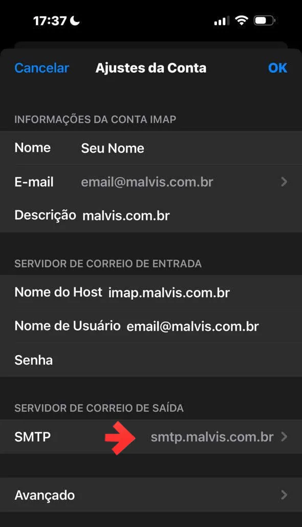 Ajustes da Conta - acessar SMTP