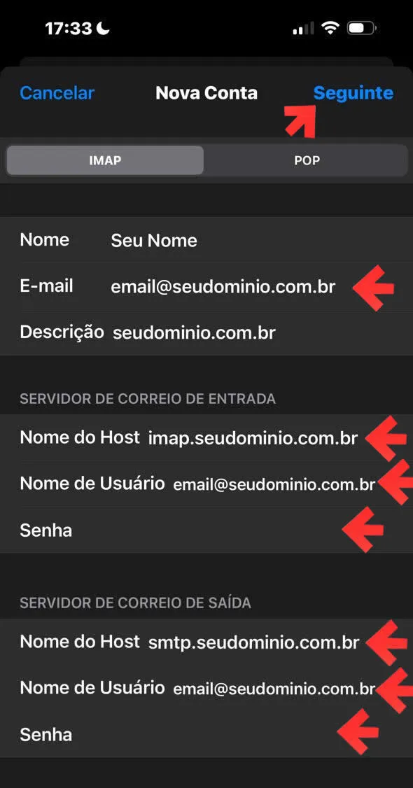 Configuração IMAP - preencher IMAP e SMTP