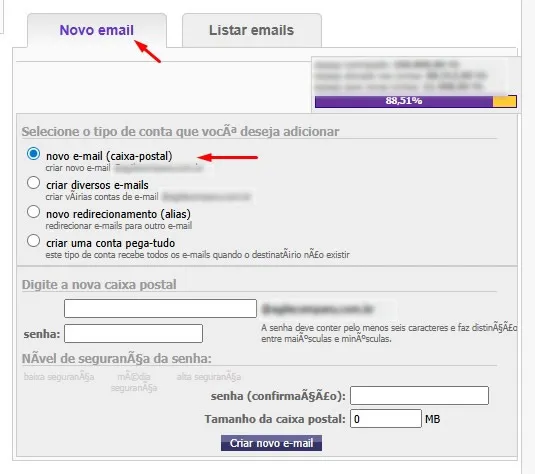 Criação de nova conta de e-mail no painel da Malvis
