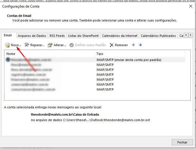 Outlook: clique em Novo para adicionar conta