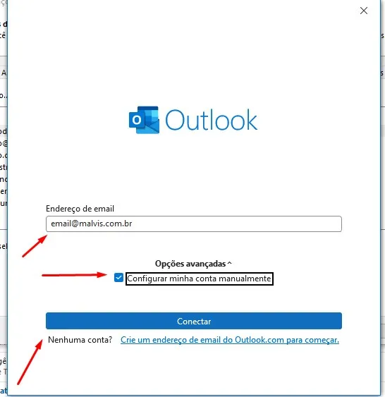 Outlook: inserir e-mail e marcar configurar manualmente