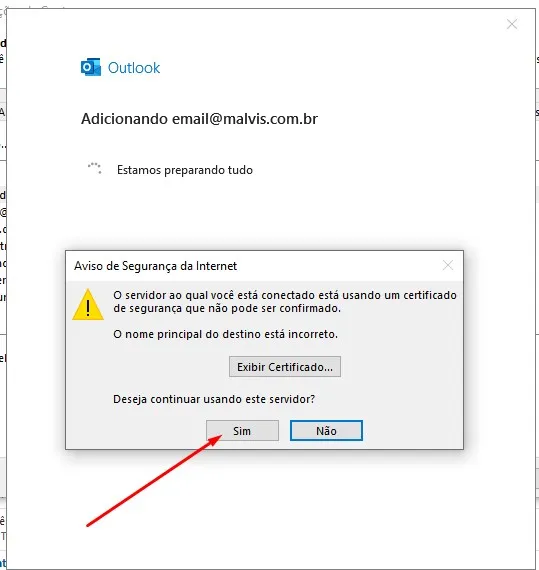 Outlook: aviso de segurança do certificado, clique em Sim