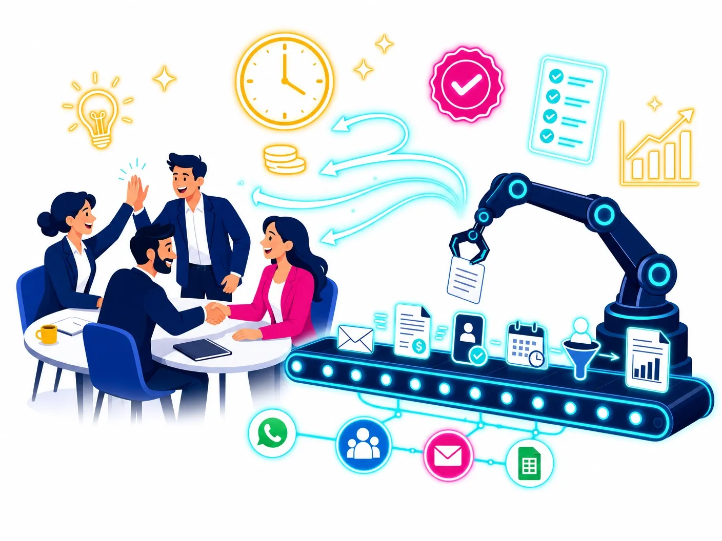 Equipe focada em tarefas estratégicas com automação
